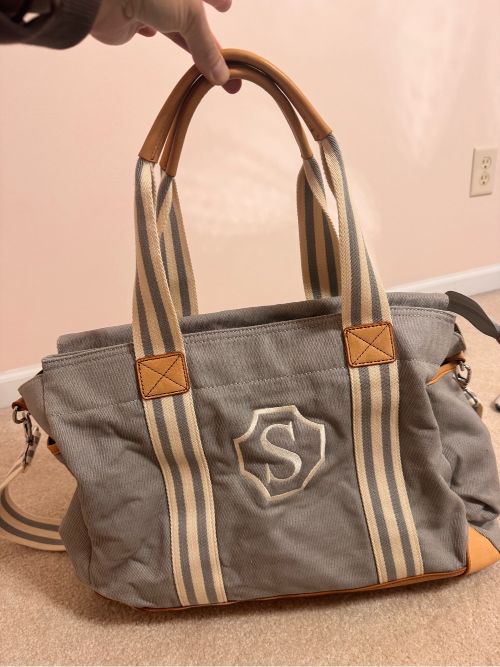 Pottery Barn Kids Canvas Tote Bag with Striped Webbing Handles in Gray